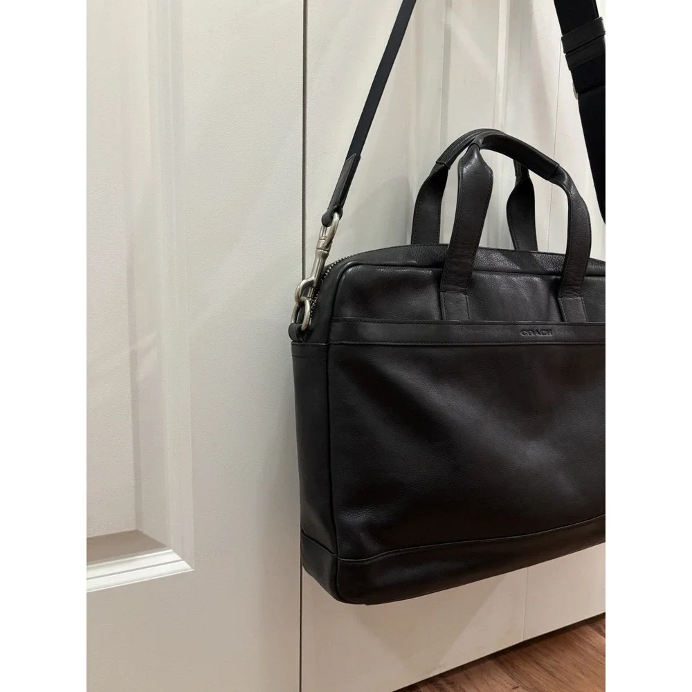 Coach Hudson Slim Briefcase Black Leather Laptop Bag Mens F71561 Crossbody Strap